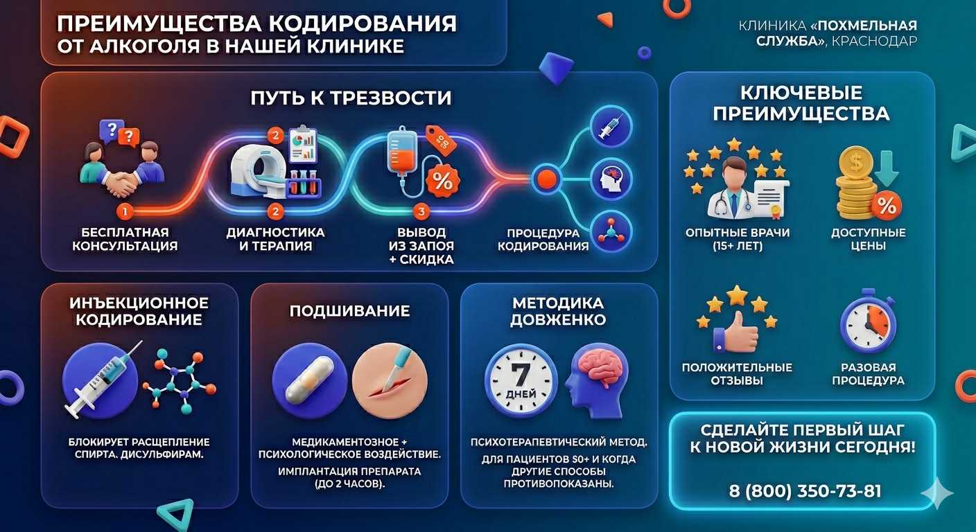Инфографика о методах кодирования от алкоголя в Псыже: инъекции, подшивание, метод Довженко. Преимущества клиники и этапы лечения.