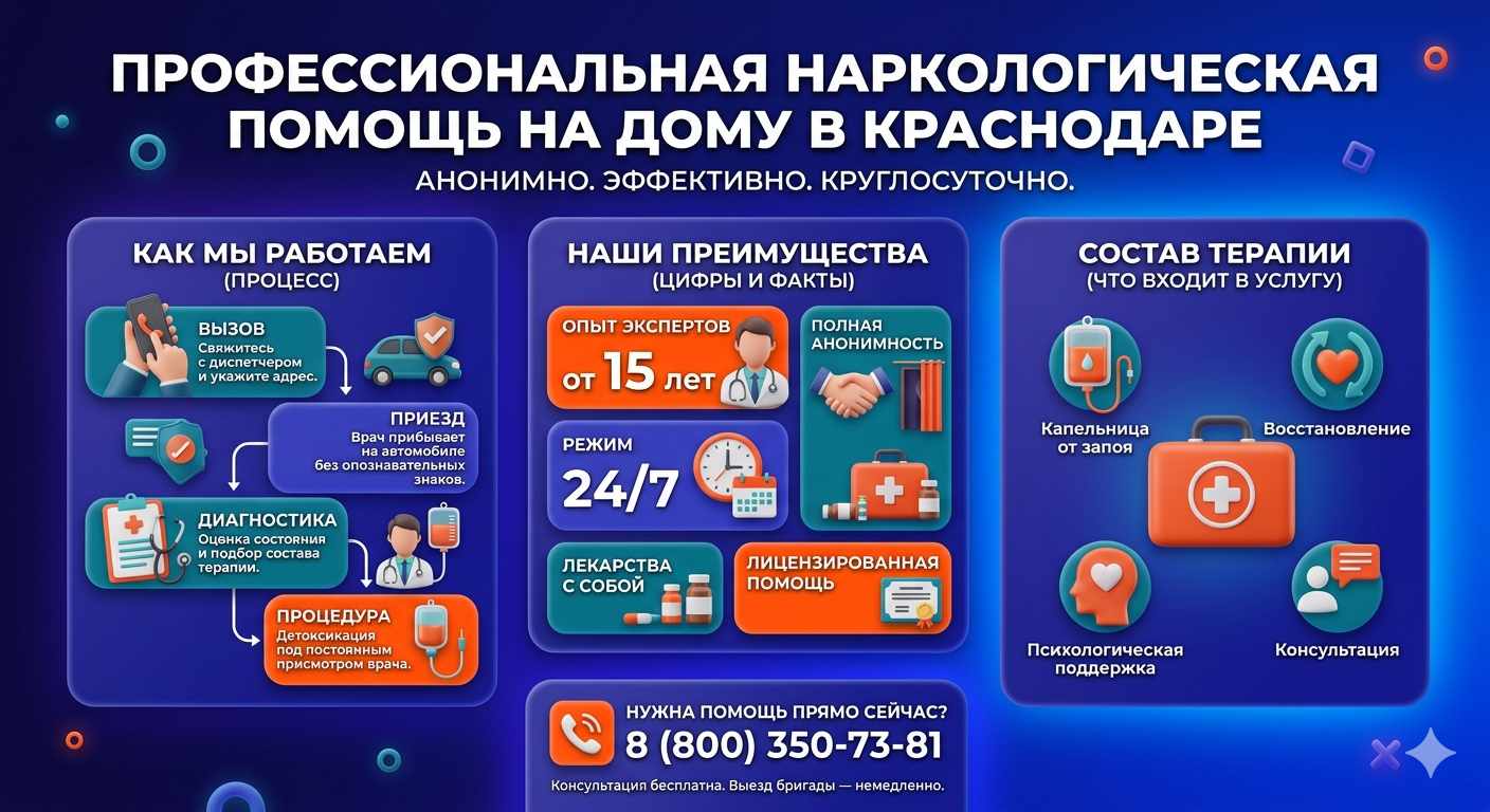 Инфографика о принципах лечения алкоголизма на дому в Псыже: этапы вызова нарколога, преимущества анонимной детоксикации и состав медицинской помощи.